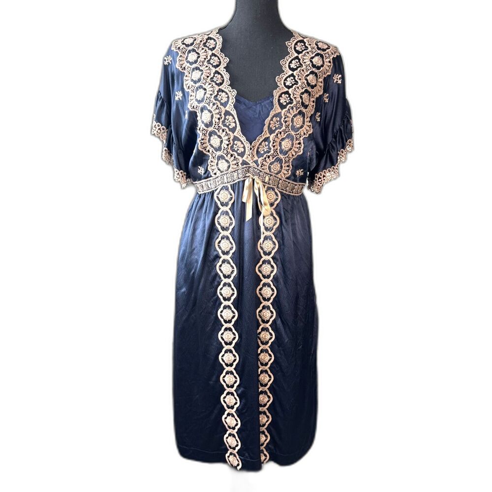 Size 10 Y2K Vintage Betsey Johnson silk embroidered boho midi dress ribbon 10706